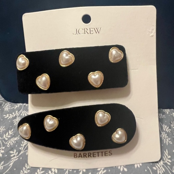 J. Crew Accessories - J. Crew Black Velvet Hair Barrettes with Pearl Hearts